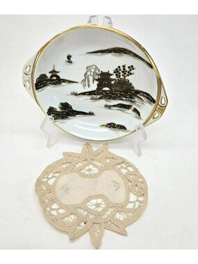 Vintage Nippon Japanese Porcelain Serving Bowl Gold Black Landscape Doily je173